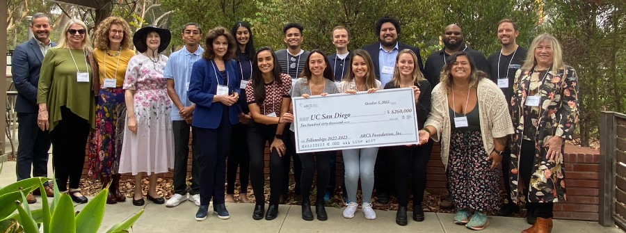 1 of 5, Group of 2022-23 ARCS Scholars receiving celebratory "big check" from ARCS Foundation of San Diego.