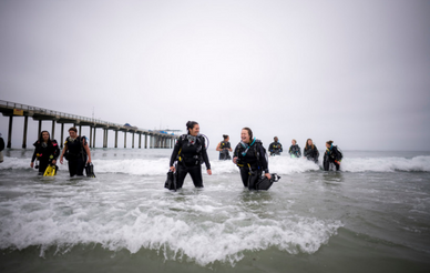 Scripps students at the beach with wetsuits on.